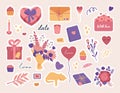 Valentines day stickers set, love symbol objects and cute lettering